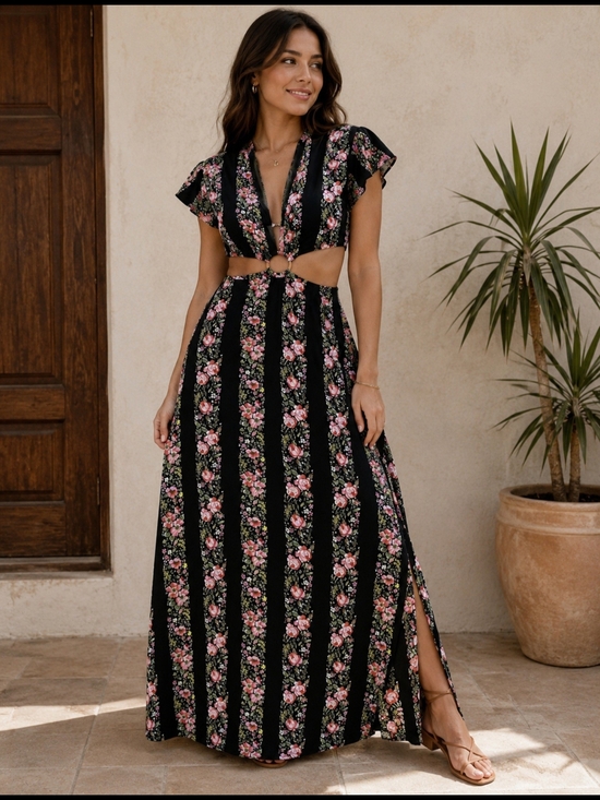 Solaris Style Dresses & Skirts - Floral Cutout Maxi Dress in Black and Pink